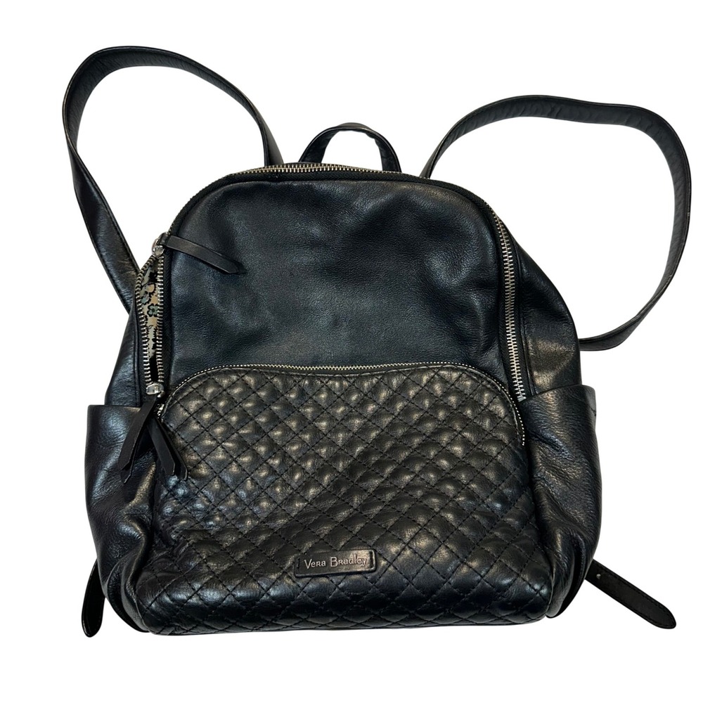 Vera Bradley Black Leather Quilted Small Backpack Purse Bag Paisley Lining GUC